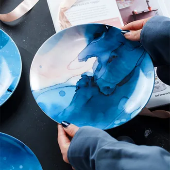 

8 Inch Nordic Round Ceramic Plate Irregular Strip Porcelain Dinner Plate Dessert Steak Dishes Tray Houselhold Party Dinnerware