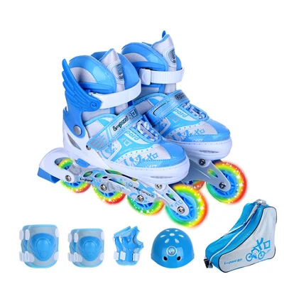 Новинка 9 в 1 Детская роликовая обувь для катания на коньках шлем защита колена Регулируемый моющийся жесткий флэш-колеса для подростков - Цвет: Sky blue L EUR 38-41