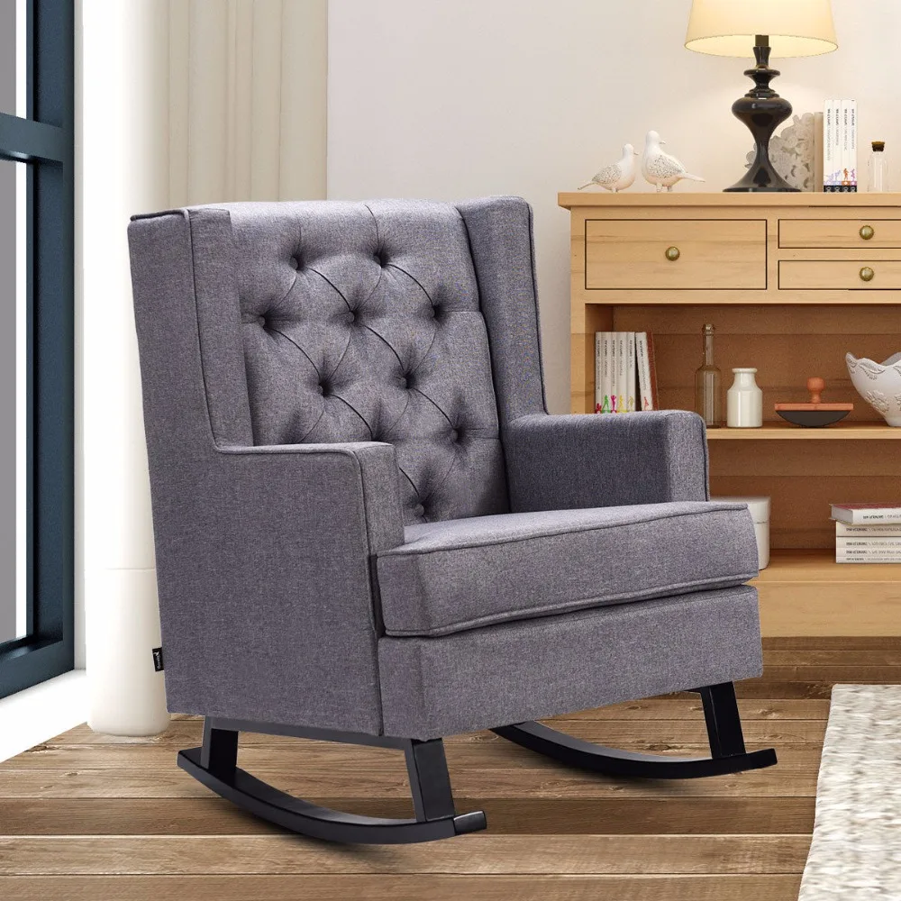 Giantex Mid-Century Retro Fabric Upholstered Rocking Chair Button-Tufted Gray Home Furniture HW60293+