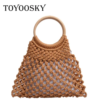 

TOYOOSKY Summer Cotton Rope Hollow Straw Bag Sheer Macrame Tote Wooden Ring Rattan Handle Net Bag Vintage Retro Chic Handbag
