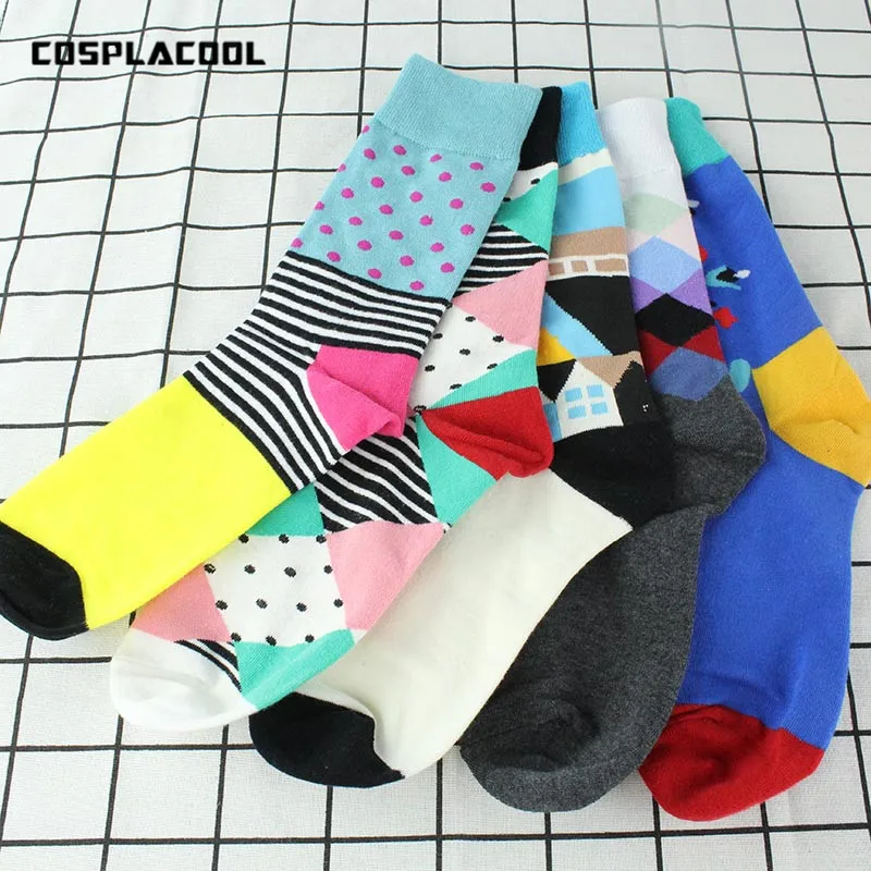 [COSPLACOOL]5 Pairs Happy Socks Men Brand Colorful Dress Stripe Meias Combed Cotton Harajuku Funny Lovers Skateboard | Мужская одежда