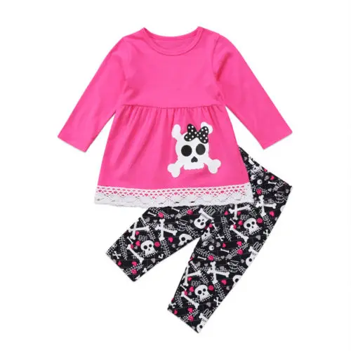 

Toddler Kids Baby Girl Outfits Long Sleeve Top Skull Print T-shirt Pants Set Clothes Skeleton Costume