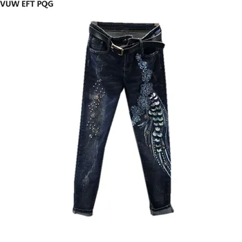 

Female feet pants slim slimming pencil pants european station heavy industry beaded sequins shredded stretch cowboy