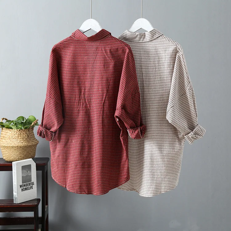  Women Vintage Blouse Plaid Shirts Boho Style OG0698