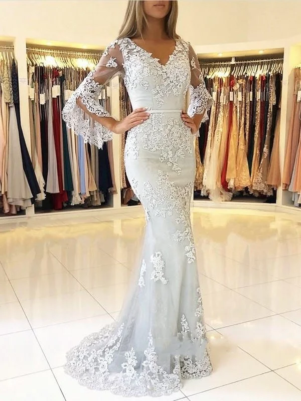 

New Long Sleeve V-Neck Prom Dress Mermaid Arabic Evening Dress 2020 Lace Robe De Soiree longue Formal Dress abiye gece elbisesi