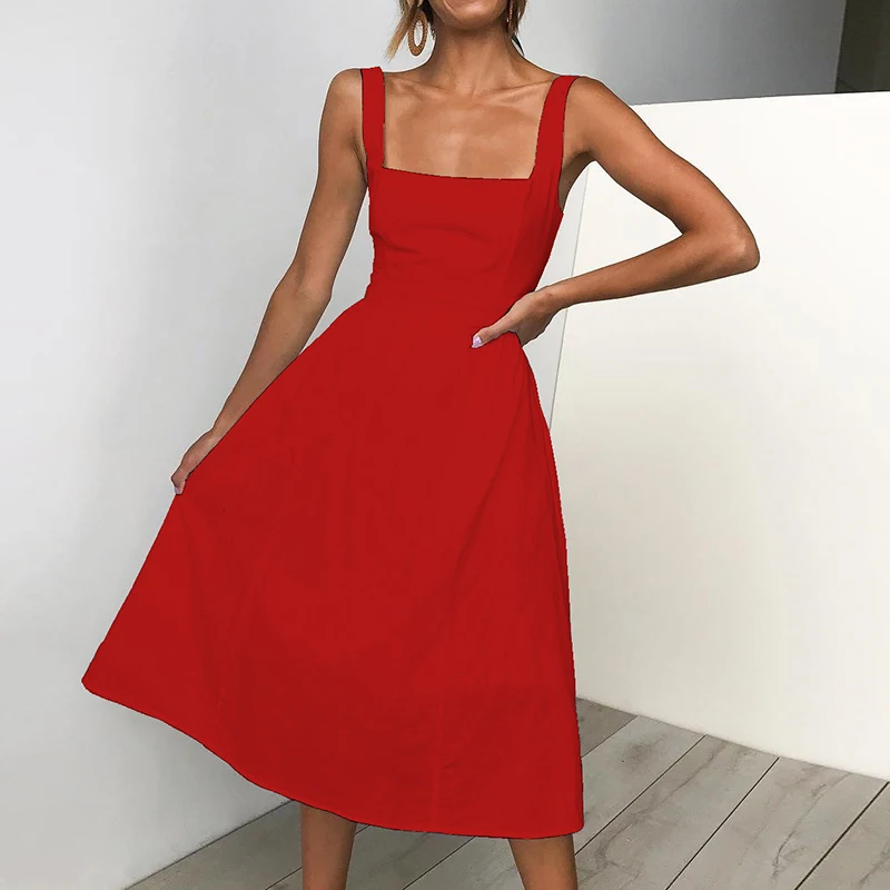 Women Simple Solid Color Dress Women Strapless Spaghetti Strap Fashion Vestidos Dresses Elegant Ladies Party Causal Summer Dress
