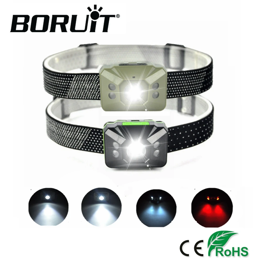 

BORUiT COB LED Mini Headlamp Camping Flashlight Forehead 6-Mode IPX4 Waterproof Headlight Fishing Head Torch by AAA Battery