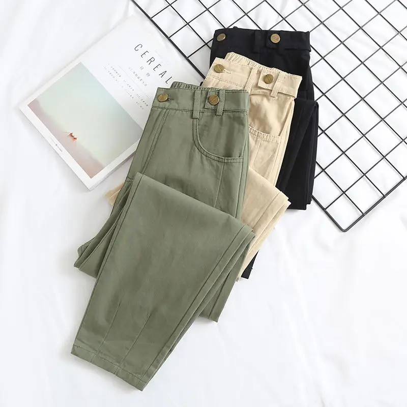 

Spring And Autumn Pants Women Casual Loose Harem Pants Women Pantalon Femme Button Streetwear Army Green High Waist Pants Q1673