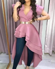 Slim Fit Women Summer Ruffles Design Dip Hem Irregular Blouse Casual V-Neck Short Sleeve Asymmetric Hem Solid Solor Blouse Slim Fit Women Summer Ruffles Design Dip Hem Irregular Blouse Casual V-Neck Short Sleeve Asymmetric Hem Solid Solor Blouse