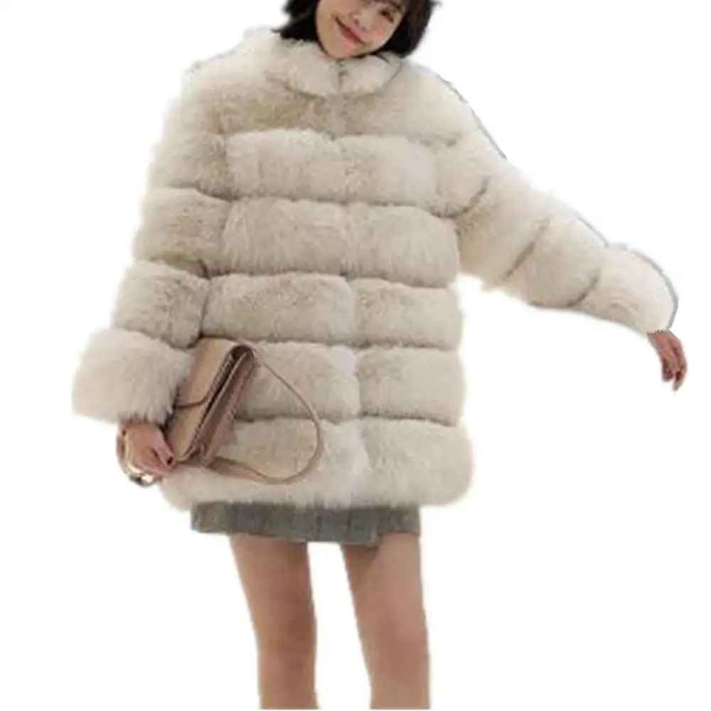 Lisa Colly, зимнее женское пальто с длинным рукавом и воротником, Имитация искусственного меха, куртка, шуба, пальто, толстое теплое пальто из лисьего меха, верхняя одежда - Цвет: Бежевый