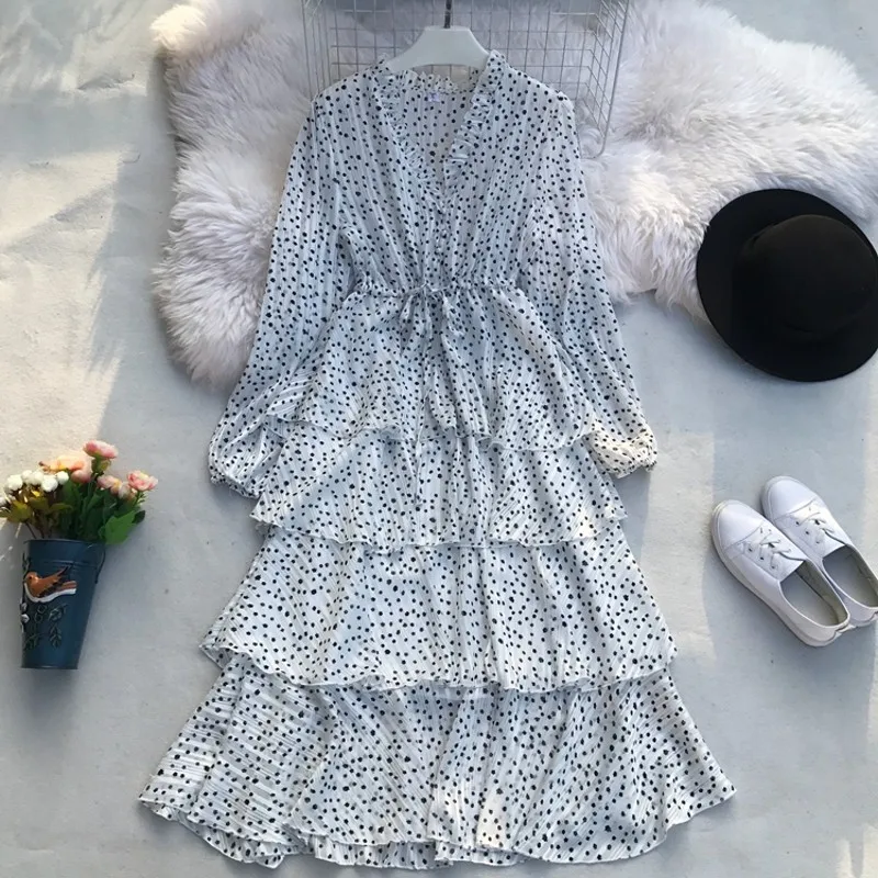mid-calf Women Dress Ruffles Print Polka Dot vintage Bodycon Beach Female Full Sleeve Summer Party 2019 Dresses Vestidos | Женская