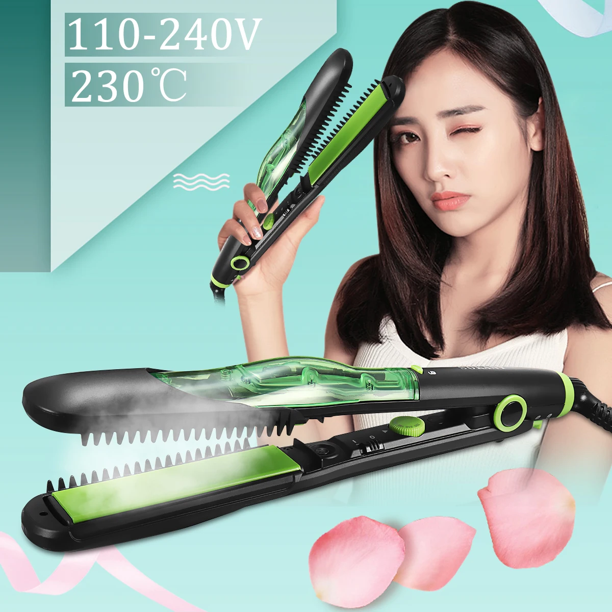 

Professional Ceramic Steam Hair Straightener 110-240V Salon Styler For Dry & Wet EU Plug Automatic 6 Steam Holes Negative Ions