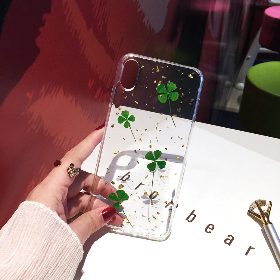 

Qianliyao Green Lucky Clover Plant Real Dried Leaf Phone Case For iphone XR XS Max 6 6S 7 8 plus 11 Pro Max Soft TPU Back Cover