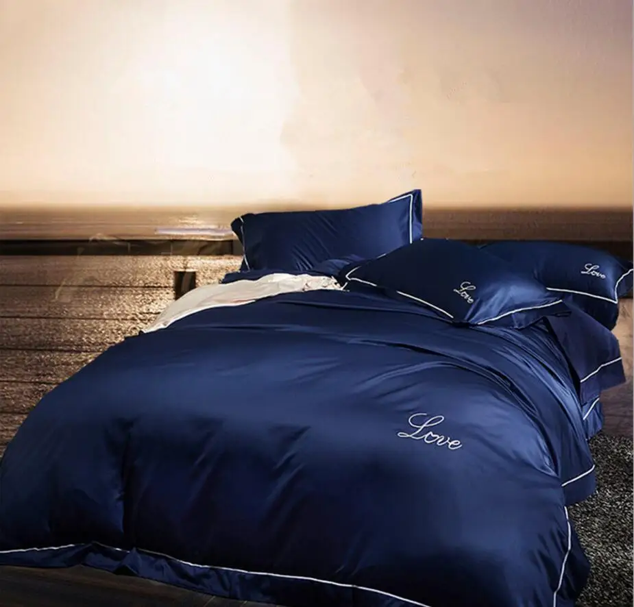 

Love Embroidered Bedding sets king queen size 4pcs Satin bed set Solid Color Duvet Cover Bedsheet pillowcases Cotton