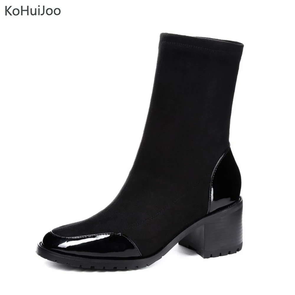 

KoHuiJoo New Fashion Designe Autumn Boots Female Solid Slip on Square Heel Genuine Leather Ankle Boots for Women Black Gray