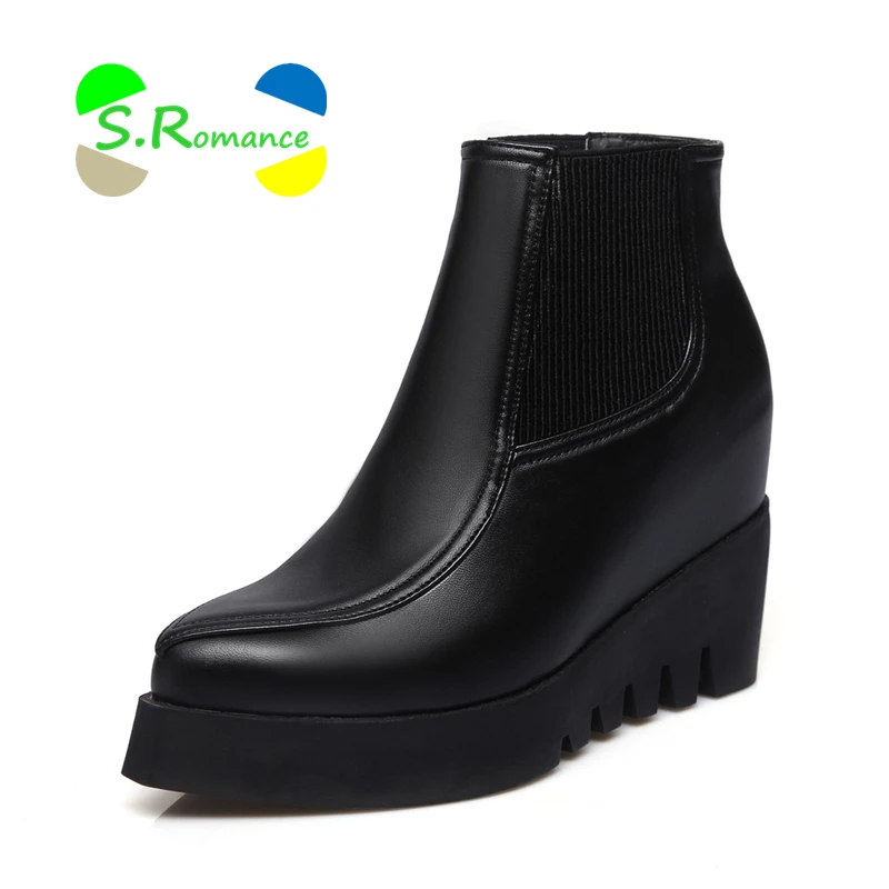 

S.Romance Women Ankle Boots Elastic Opening High Heels Wedges Pointed Toe New Fashion Autumn Woman Shoes SB113
