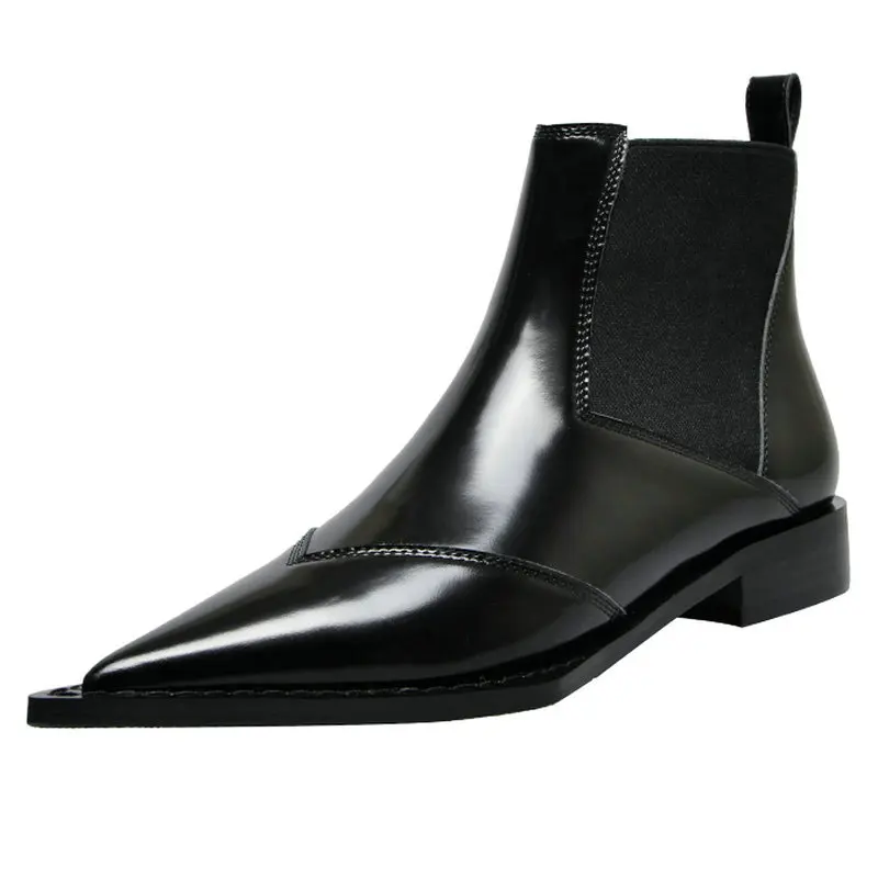 

Black Patent leather Pointed Toe Chelsea Boots Women Punk Square Heel Genuine Leather Ankle Boots for Woman Winter Combat Boots