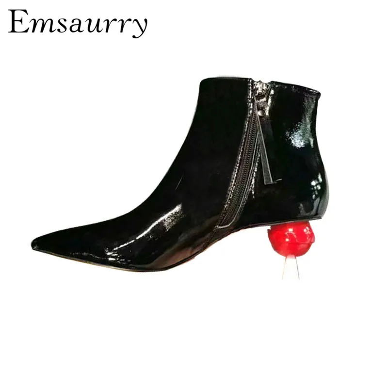 

Individual Lollipop Heel Martin Boots Sexy Pointed Toe Side Zipper Shiny Patent Leather Violet Ankle Boots Women