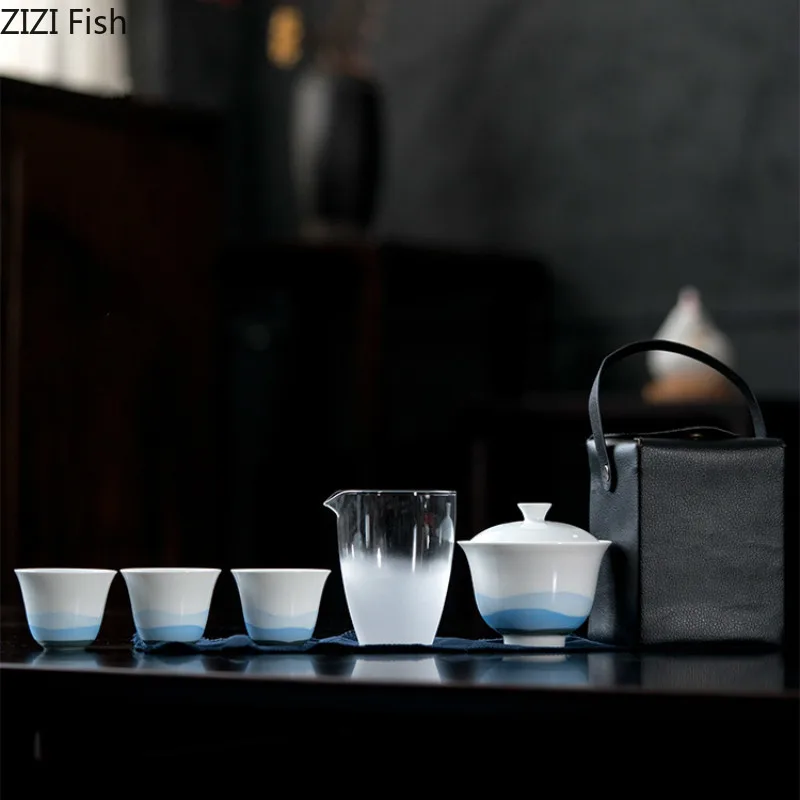 

Hand Painted White Ceramic Kung Fu Tea Set Suit Three Cups A Pot Japanese Style Portable Car Travel Tea Set Suit