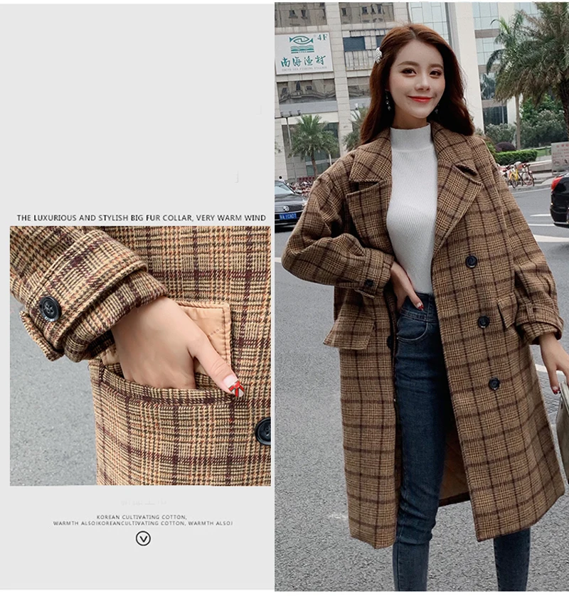 Zoki Loose Plaid Women Long Wool Blend Coat Fashion Winter Warm Jacket Elegant Double Breasted Autumn Fleece Outwear Plus Size