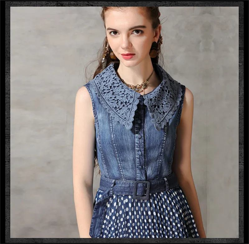 Summer Dot Woman Dress 2019 Vintage Women's Denim Dresses Sleeveless Lace Turn-down Collar Belted Chiffon Patchwork Vestido (10)