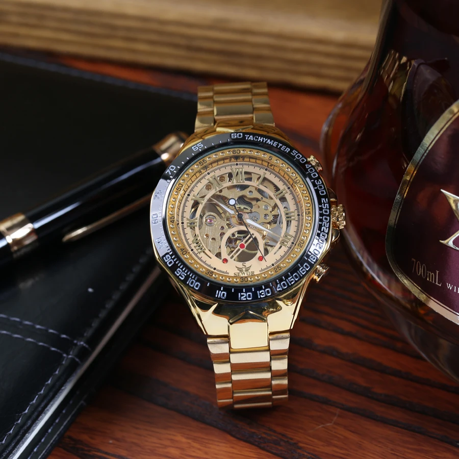SEWOR Лидирующий бренд, роскошные часы, мужские механические золотистые часы-скелетоны, спортивные часы, мужские часы с ремешком из нержавеющей стали, relogio