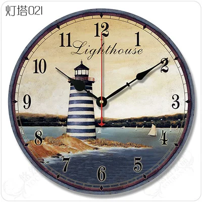 

10 12 14 Inch Retro Wall Clock Living Room Mute Clock Christmas Decoration for Home Wooden Lighthouse Watch For New Year Gift