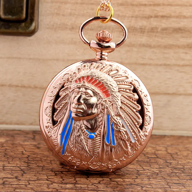 

Rose Golden Indian People Pocket Watch Chains Necklace Retro Copper Quartz Pocket Watches Steampunk Pendant Men Kids Gifts