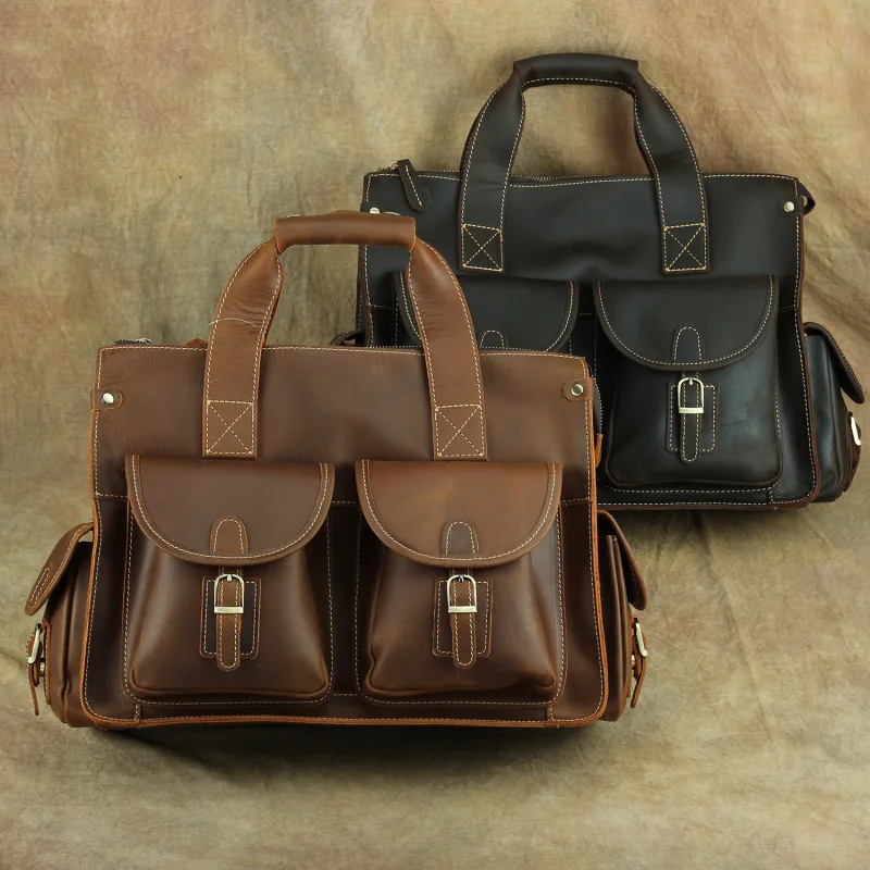

Nesitu Highend Vintage Brown Thick Genuine Crazy Horse Leather Office 14'' Laptop Men Briefcase Portfolio Messenger Bag M003