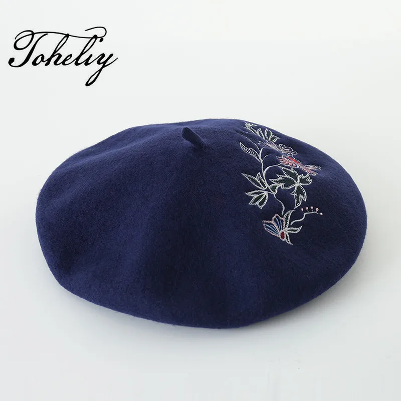 

New style spring 100% Warm Wool Winter flower embroidery Women Beret Hat For Sweet Girl Gift Autumn hats
