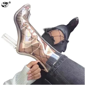 

Sexy PVC Transparent Boots Sandals Peep Toe Kim Kardashian Shoes Clear Chunky heels Sandals Mujer Women Boots 11CM 699