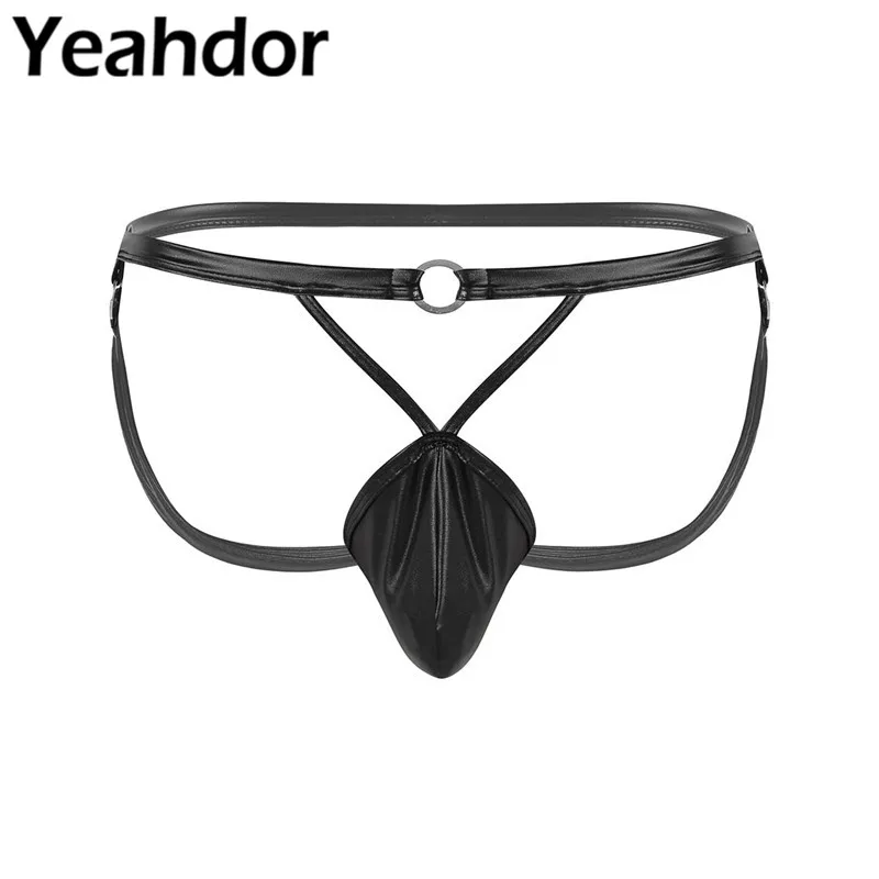 

Mens Faux Leather Lingerie Bikini G-string Briefs Low Rise Open Butt Bulge Pouch Strappy Jockstrap with Metal O-Rings Underwear