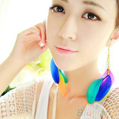 

Bohemian Contrast Color Handmade Feather Long Drop Dangle Eardrop Earrings 1N3I