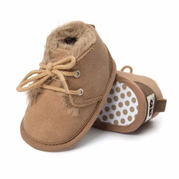 

HONGTEYA winter oxford cotton fabric with fur super warm baby moccasins shoes lace up girls boys boots first walkers soft sole