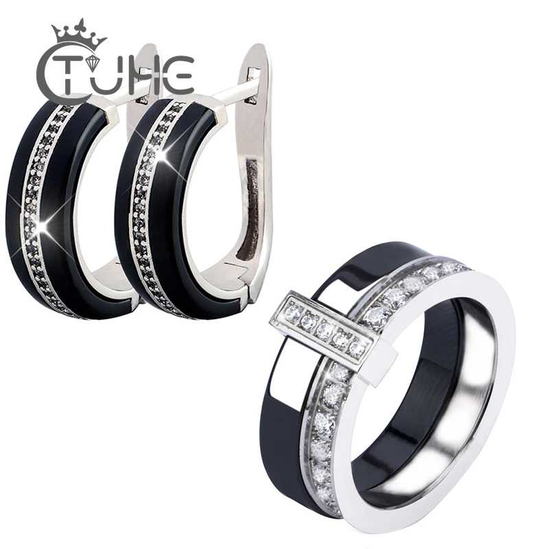 U ben forma de cerâmica brincos 7mm anéis conjunto jóias casamento incrustação luxo cristal nupcial cerâmica conjunto jóias presentes para damas de honra