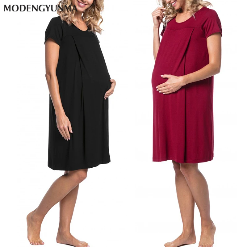 

Nerlero Maternity Dress Pregnant Women Delivery Hospital Dress Short Sleeves Both-Sides Hidden Open Breastfeeding Care Clothes