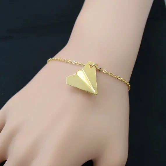 B014 Fashion Gold Silver Origami Plane Bracelet Tiny Aircraft Airplane Bracelet Paper Plane Bracelets Jewelry for women