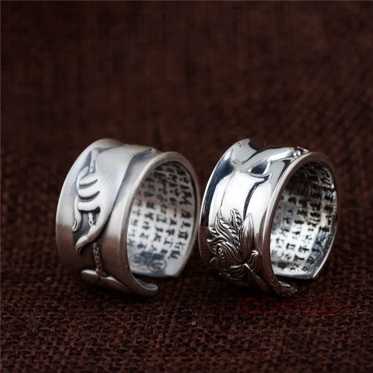  12 mm Vintage 990 Sterling Silver Buddha Hand Lotus Flower Ring Engraved Heart Sutra Inside for Lov
