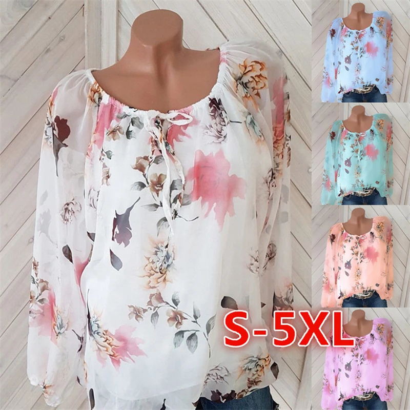 

Summer Blouse Shirt Women Lace Up Botton Print Womens Tops and Blouses Chiffon Casual Harajuku Ladies Top Plus Size 5XL 2019