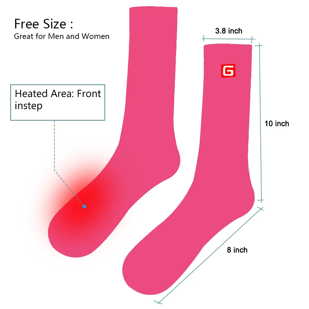 Розовые женские теплые зимние носки с подогревом, 3,7 в, электрические носки с перезаряжаемой батареей для непрерывных холодных ног, спящих походов
