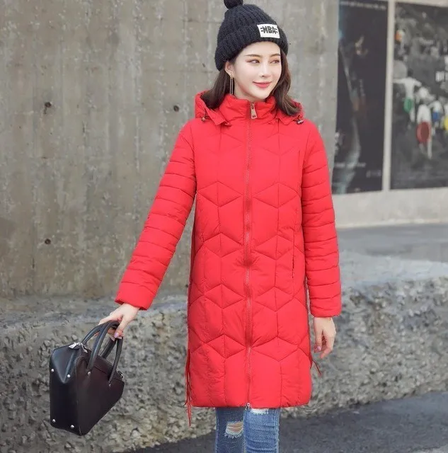 Quilted Coat Long Parka Female Thick Cotton Slim Winter Jacket Women Clothes Hooded Warm Outwear Plus Size Korean Oke042 - Color: red