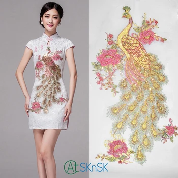 

1pcs/lot Classical cheongsam decorative phoenix peony flower appliques DIY sew on net yarn peacock sequined patches for clothing