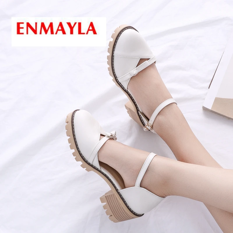

ENMAYLA 2019 New Arrival PU Basic High Heel Pumps Round Toe Casual Buckle Strap Women Solid Shoes Size 34-43 LY2119
