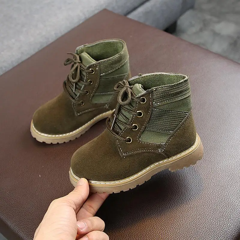 Осенне-зимняя детская обувь Детские Зимние ботильоны ботинки martin для мальчиков и девочек ботинки «Челси» на плоской подошве, размеры 21-30 - Color: Army green