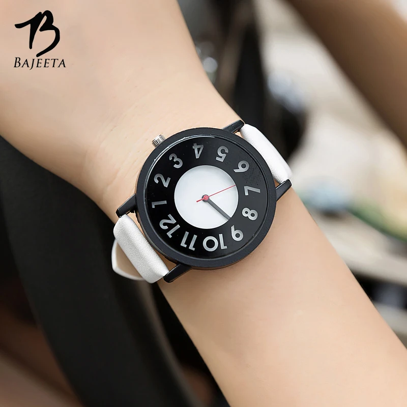 BAJEETA Hollow Dial Lovers Watch New Fashion PU Leather Quartz Women Men Watches Student Black White