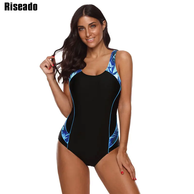 Riseado Sport Swimming Suits for Women One Piece Swimsuit 2019 Patchwork Digital Print Swimwear Women Racer Back Bathing Suits