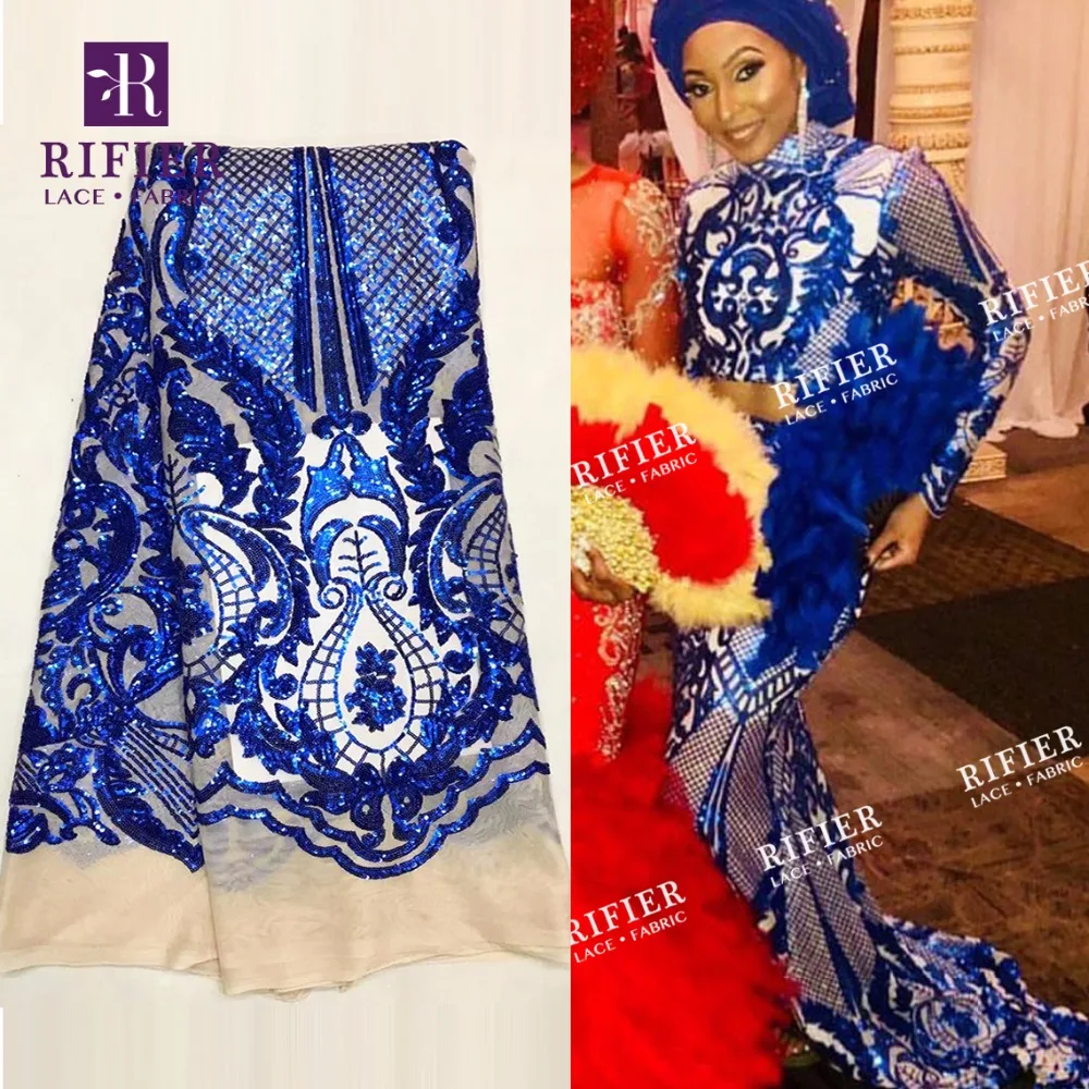 Royal Blue Color Sequins Lace Fabric African Nigerian New Design Embroidery Mesh Tulle High Quality Lady Noble Dress Laces | Дом и сад