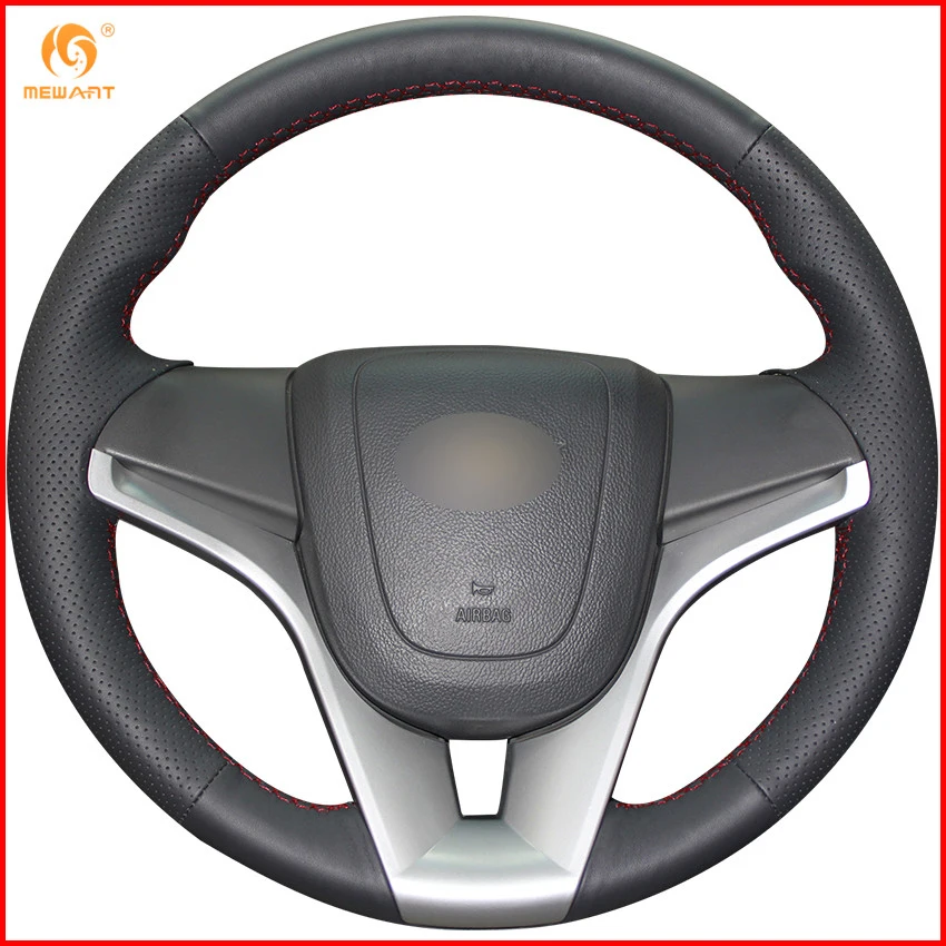 MEWANT Hand Stitched Black Leather Steering Wheel Cover for Chevrolet