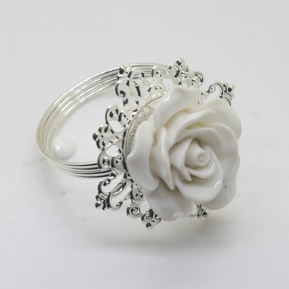 Белая Смола Роза серебристые кольца для салфеток держатель для салфеток Свадебные салфетки ткань декоративный вычет вечерние украшения обеденного стола