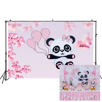 

HUAYI Pink Floral Balloon Panda Backdrop for Baby Girl Baby Shower Birthday Party Cake Table Decor Banner Photo Background W2097